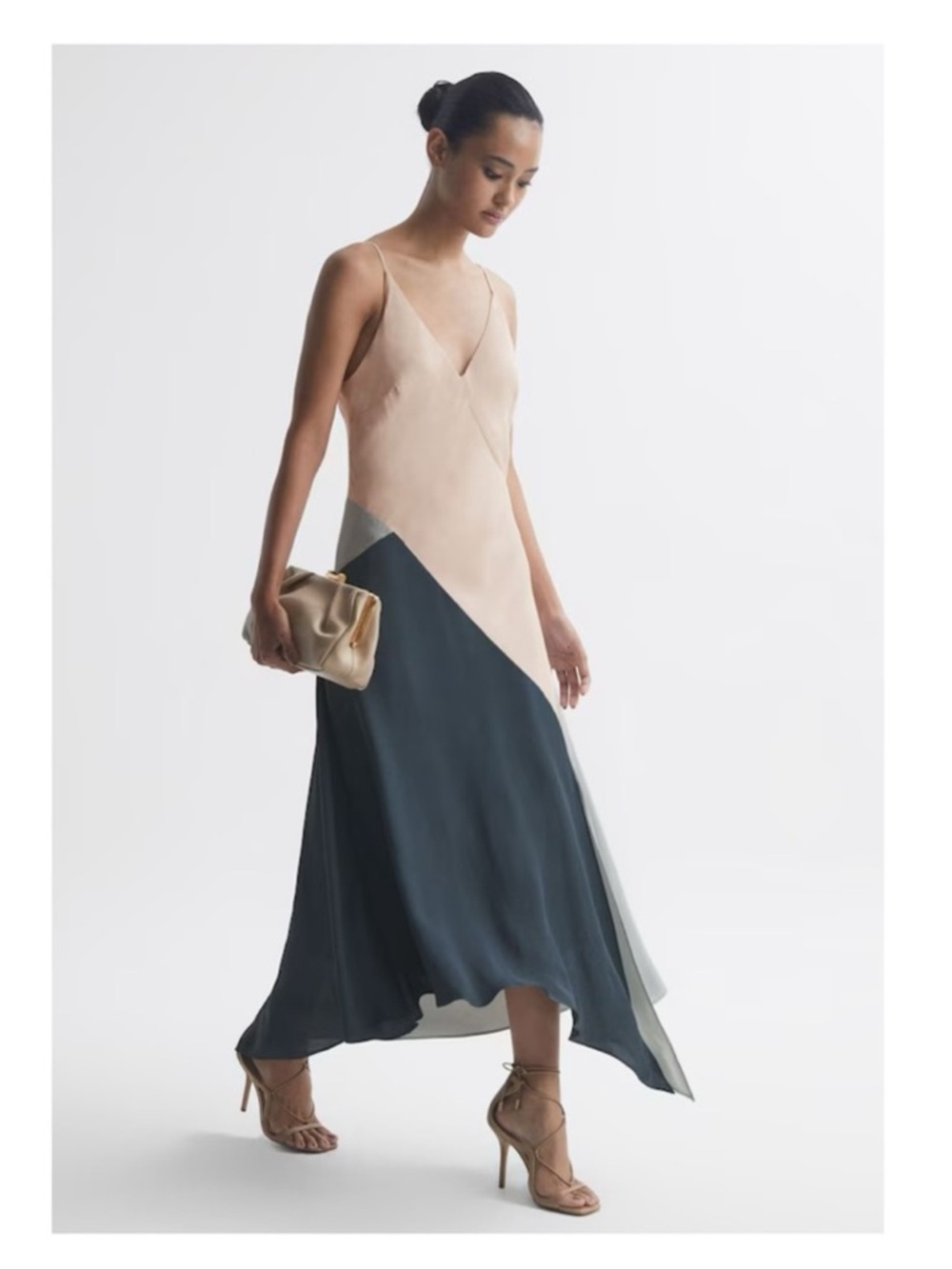 New! Reiss Hudson Asymmetric Colorblock Slip Midi Slip Dress in Multicolor - Picture 2 of 11